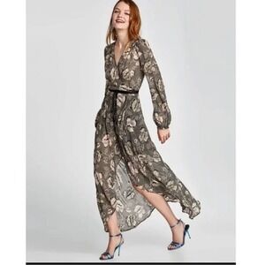 Zara Women's‎ Small Floral Print Sheer Flowy Beaded Long Sleeve Maxi Wrap Dress